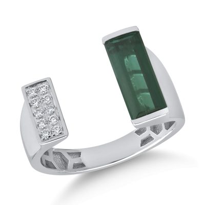Inel din aur alb cu turmalina verde emerald de 1.7ct si diamante de 0.08ct