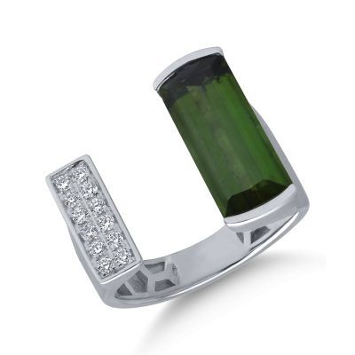 Inel din aur alb cu turmalina verde emerald de 4ct si diamante de 0.1ct