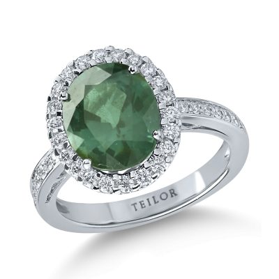 Inel din aur alb cu turmalina verde ovala de 3.1ct si diamante de 0.4ct