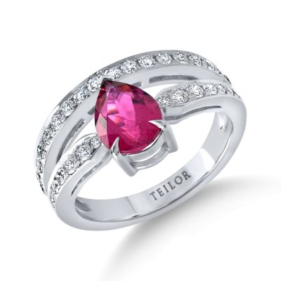 Inel din aur alb cu un rubelit pear si diamante de 1.8ct