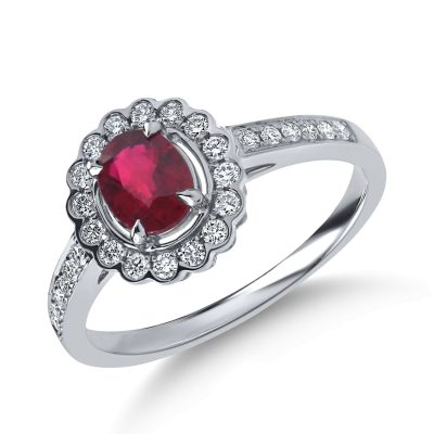 Inel din aur alb cu un rubin oval si diamante de 1ct