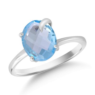 Inel din aur alb cu zirconia solitaire albastra