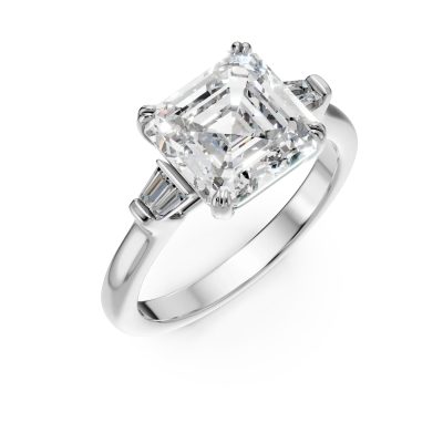 Inel din aur alb de cu diamant asscher de 3ct si diamante baguette tapered 0.1ct