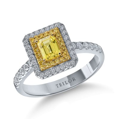 Inel din aur alb-galben cu diamante de 0.4ct si safire galbene octogonale de 0.5ct