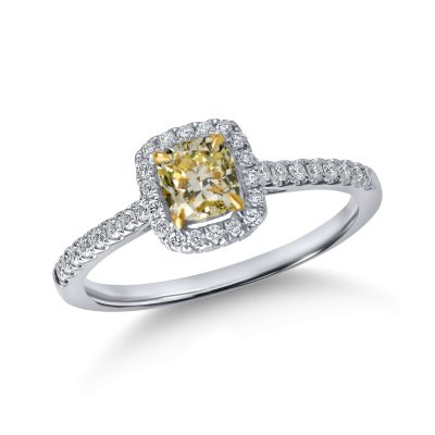 Inel din aur alb-galben cu diamante fancy galbene si incolore cushion de 0.9ct