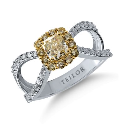 Inel din aur alb-galben cu diamante galbene cushion si rotunde de 0.8ct si diamante transparente de 0.3ct