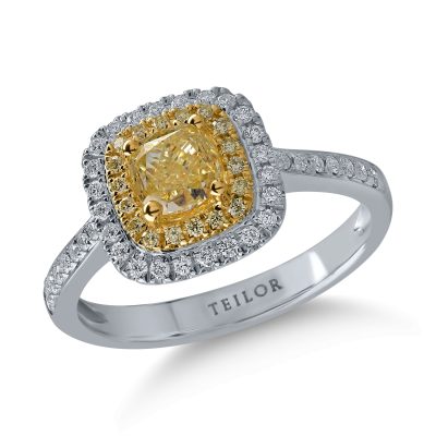 Inel din aur alb-galben cu diamante galbene cushion si rotunde de 1.11ct si diamante transparente de 0.24ct