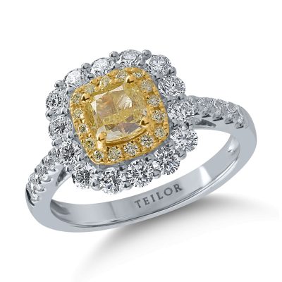 Inel din aur alb-galben cu diamante galbene cushion si rotunde si diamante incolore de 1.82ct