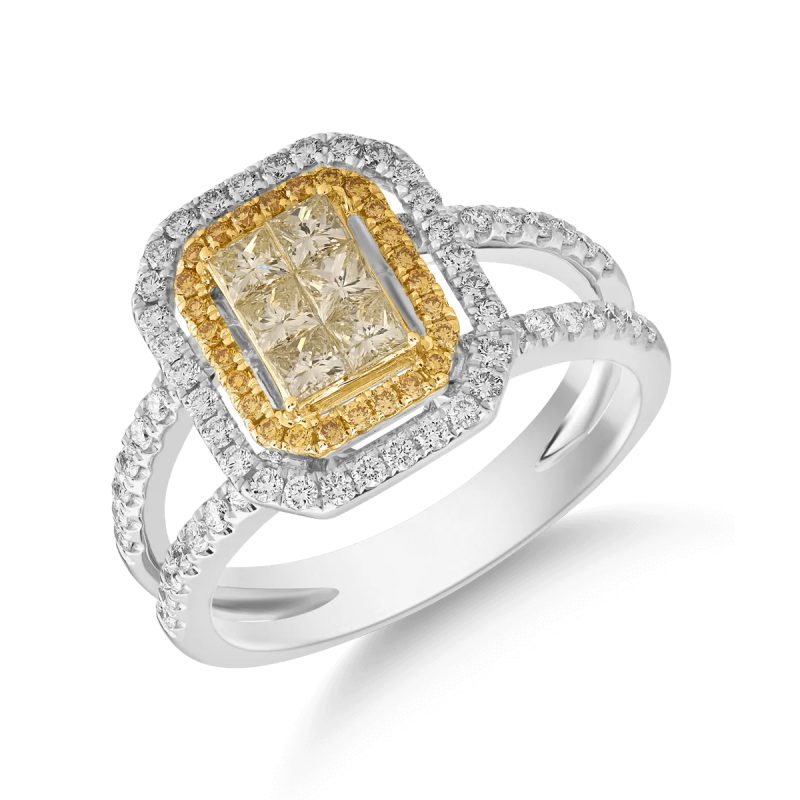 Inel din aur alb-galben cu diamante galbene princess si rotunde si diamante incolore de 1ct