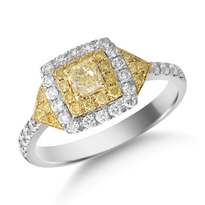 Inel din aur alb-galben cu diamante transparente de 0.39ct si diamante galbene cushion si rotunde de 0.54ct