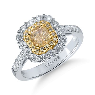 Inel din aur alb-galben cu un diamant galben cushion de 0.71ct si diamante galbene si incolore de 0.98ct