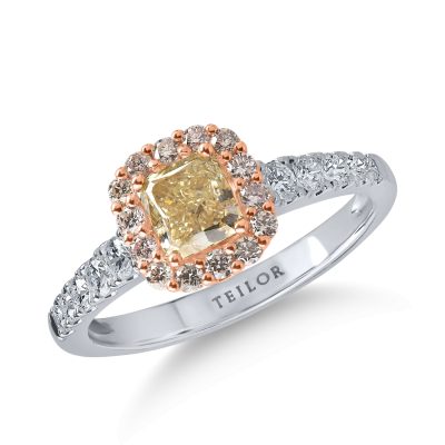 Inel din aur alb-roz cu diamant galben cushion de 0.72ct si diamante roz si incolore de 0.54ct