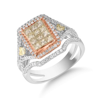 Inel din aur alb-roz cu diamante galbene princess de 0.8ct si diamante transparente de 0.6ct