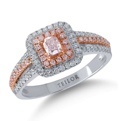 Inel din aur alb-roz cu diamante roz cushion si rotunde de 0.43ct si diamante transparente de 0.3ct
