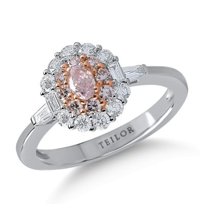 Inel din aur alb-roz cu diamante transparente baguette si rotunde de 0.5ct si diamante roz ovale si rotunde de 0.4ct