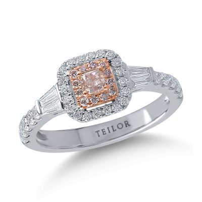 Inel din aur alb-roz cu diamante transparente baguette si rotunde de 0.62ct si diamante roz cushion si rotunde de 0.29ct