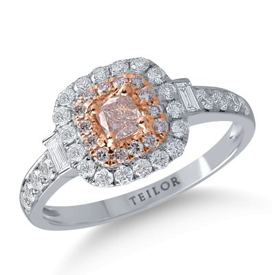 Inel din aur alb-roz cu diamante transparente baguette si rotunde de 0.6ct si diamante roz cushion si rotunde de 0.38ct