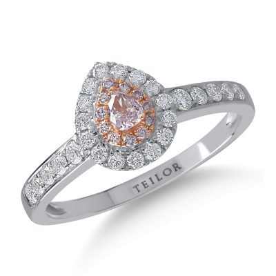Inel din aur alb-roz cu diamante transparente de 0.35ct si diamante roz pear si rotunde de 0.16ct