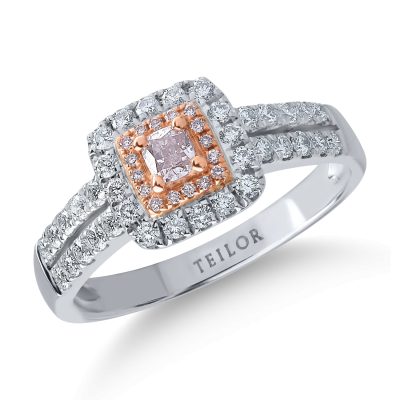 Inel din aur alb-roz cu diamante transparente de 0.49ct si diamante roz cushion si rotunde de 0.21ct