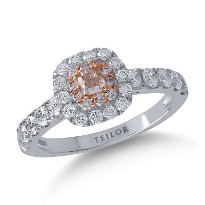 Inel din aur alb-roz cu diamante transparente de 0.91ct si diamante roz cushion si rotunde de 0.32ct