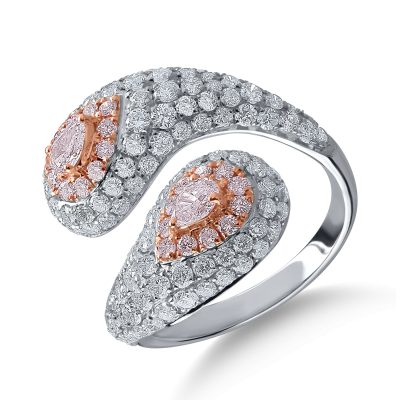 Inel din aur alb-roz cu diamante transparente de 2.09ct si diamante roz pear si rotunde de 0.59ct