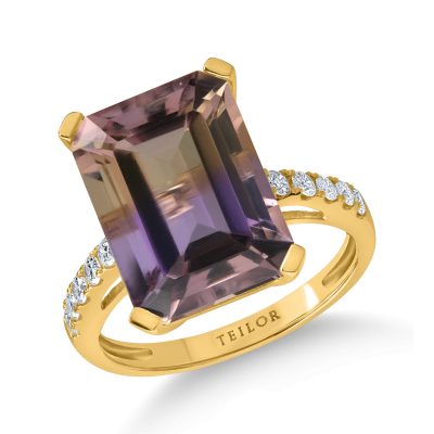 Inel din aur galben cu ametrin octogonal de 10.1ct si diamante de 0.1ct