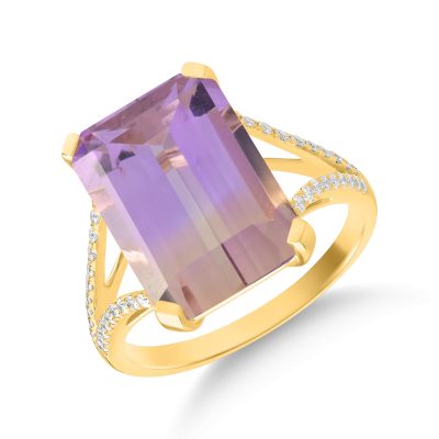 Inel din aur galben cu ametrin octogonal de7.4ct si diamante de 0.2ct