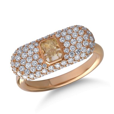 Inel din aur roz cu diamant fancy galben cushion de 0.6ct si diamante de 0.9ct