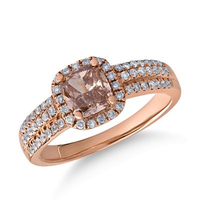 Inel din aur roz cu diamant maro cushion de 1ct si diamante transparente de 0.3ct