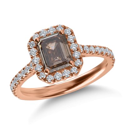 Inel din aur roz cu diamant maro octogonal de 1.5ct si diamante transparente de 0.5ct