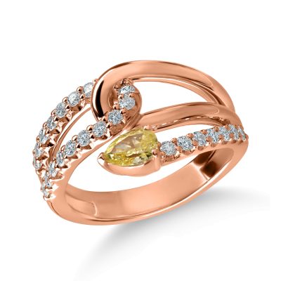 Inel din aur roz cu diamante fancy galbene pear si diamante incolore de 0.82ct