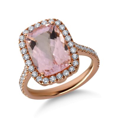 Inel din aur roz cu morganit cushion de 4.3ct si diamante de 0.6ct