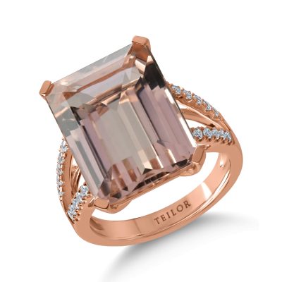 Inel din aur roz cu morganit octogonal de 11.3ct si diamante de 0.2ct
