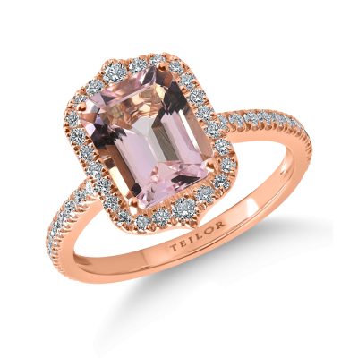 Inel din aur roz cu morganit octogonal de 1.97ct si diamante de 0.5ct