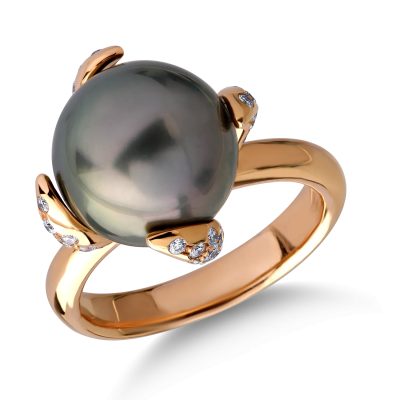Inel din aur roz cu perla de cultura de 11.77ct si diamante de 0.36ct