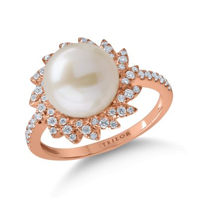 Inel din aur roz cu perla de cultura de 6.5ct si diamante de 0.3ct