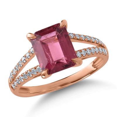 Inel din aur roz cu rubelit rectangulare de 2.2ct si diamante de 0.2ct