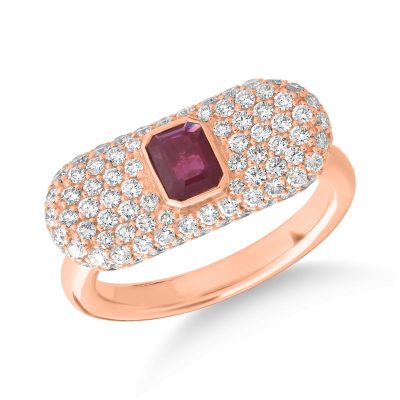 Inel din aur roz cu rubin rectangular de 0.4ct si diamante de 0.9ct