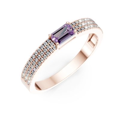 Inel din aur roz cu safir roz baguette de 0.3ct si diamante microsetting de 0.2ct