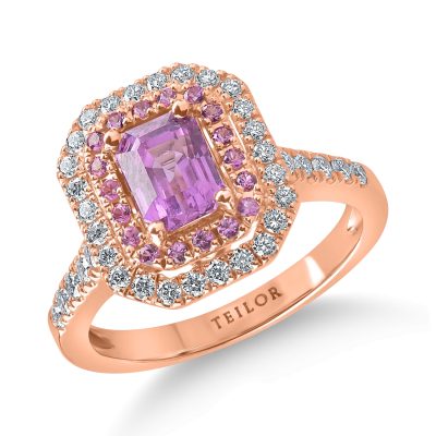 Inel din aur roz cu safire roz octogonale si rotunde de 1.56ct si diamante de 0.44ct