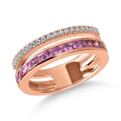 Inel din aur roz cu safire roz princess de 0.7ct si diamante de 0.16ct