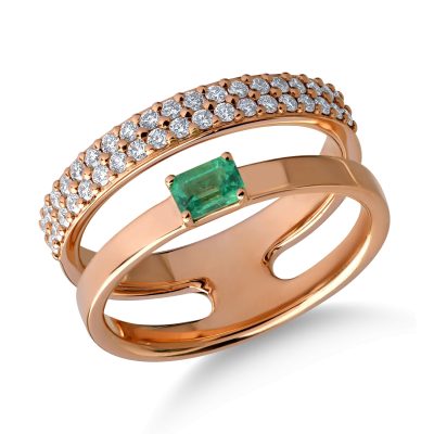Inel din aur roz cu smarald baguette de 0.2ct si diamante de 0.3ct
