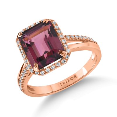 Inel din aur roz cu turmalina roz taietura octogonal de 4.85ct si diamante de 0.23ct