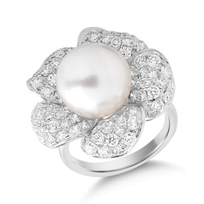 Inel floare din aur alb cu perla de cultura de 12.25ct si diamante de 2.99ct