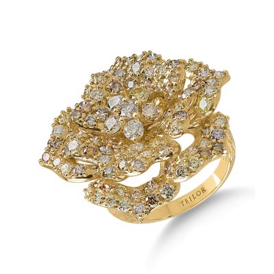 Inel floare din aur galben cu diamante multicolore de 3.33ct