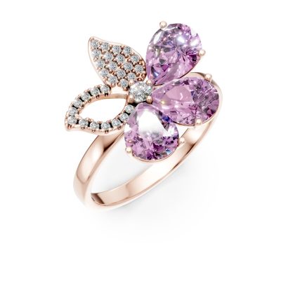 Inel floare din aur roz cu ametiste pear de 3.3ct si diamante de 0.2ct