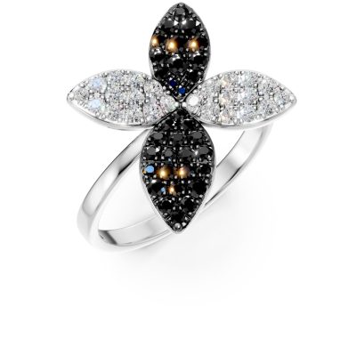 Inel floral din aur alb cu diamante negre si incolore de 0.76ct