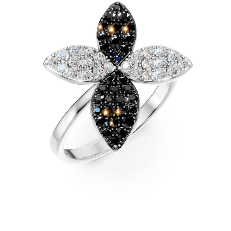 Inel floral din aur alb cu diamante negre si incolore de 0.76ct