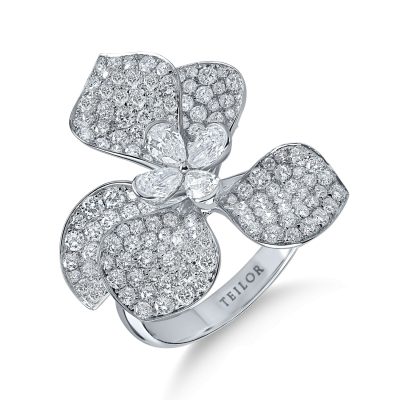 Inel floral din aur alb cu diamante pear si rotunde de 2.72ct