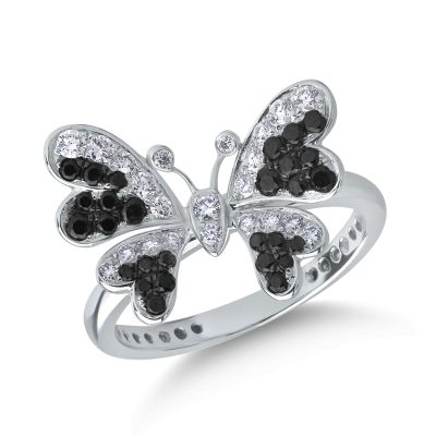 Inel fluture din aur alb cu diamante negre de 0.33ct si diamante transparente de 0.25ct